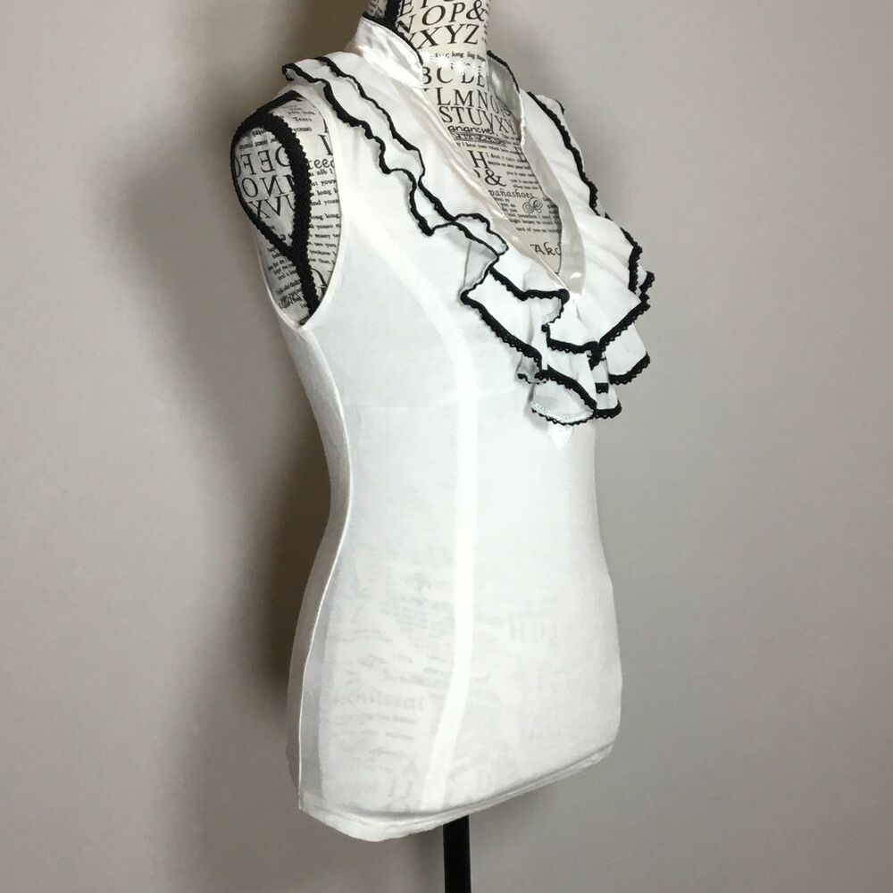 Mustard Seed sleeveless ruffle blouse white with black satin vee neck feminine S - Picture 2 of 5